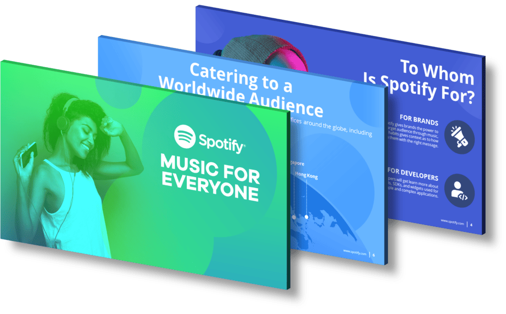 A presentation slide template featuring Spotify. The first slide shows a woman enjoying music with text "Music for Everyone." The second slide is titled "Catering to a Worldwide Audience," and the third slide asks, "To Whom Is Spotify For?" with details for brands, creators, and developers.