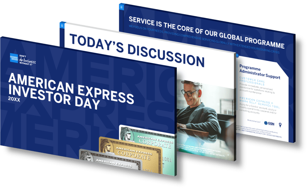 Three overlapping slides are displayed. The first slide reads "American Express Investor Day 20XX." The second slide has "Today's Discussion." The third features a man reading and mentions, "Service is the Core of Our Global Program" and "Custom PowerPoint Presentation Design Support.