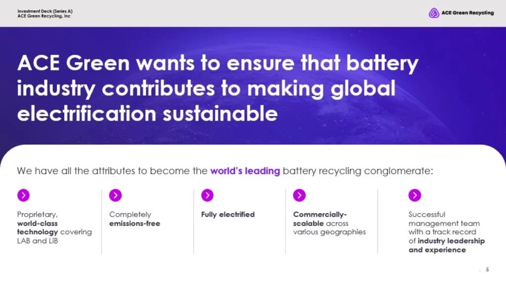 ACE Green Battery Sustainability Leadership - Emissions-Free Technology and Recycling Innovations Slide 5